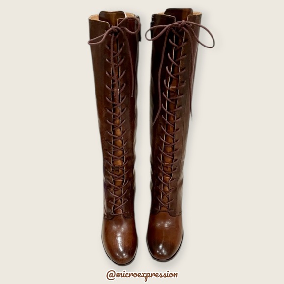 $699 Frye Parker Lace-Up Victorian Brown Leather Tall Boho Heeled Knee High Boot - Picture 5 of 16